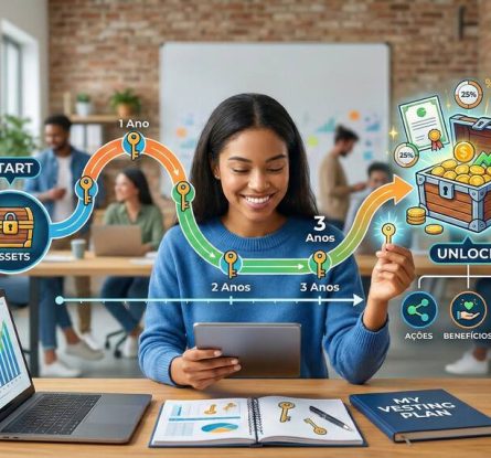 Ilustração explicando o que é vesting com linha do tempo de anos, desbloqueio de ações e crescimento de benefícios ao longo do período de permanência na empresa.